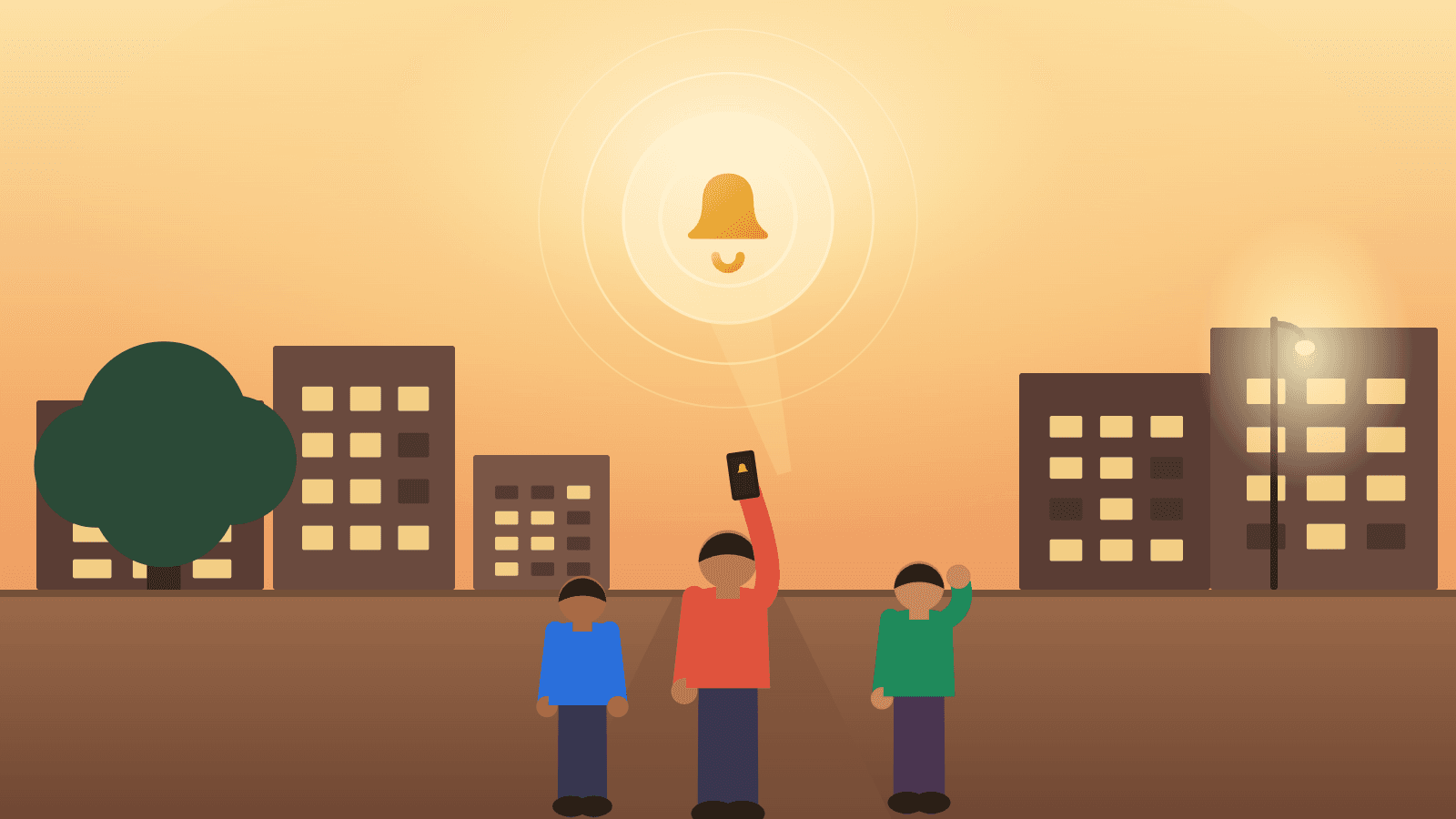 Ghantagram hero illustration showing neighbours gathered on a street at dusk around a glowing Bell.